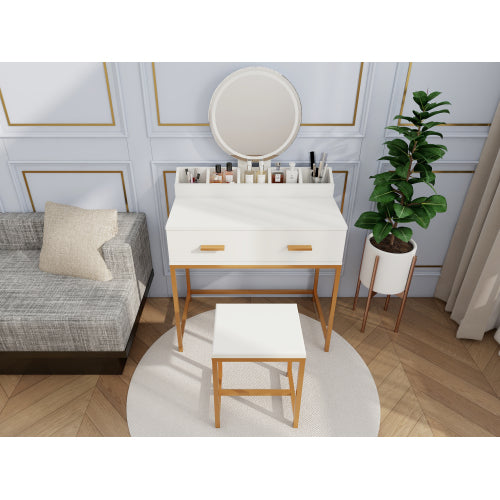 Vanity Set with Mirror and Stool - Makeup Vanity Table with Storage Drawers and Organizer, White and Gold, Space-Saving Design for Small Bedrooms