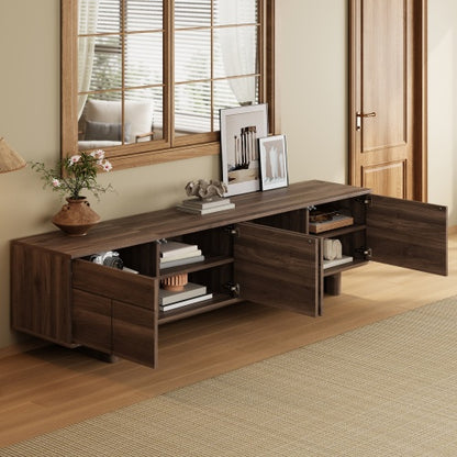 78.7 inch Dark Brown Push-Open TV Stand Solid Pine Leg Media Console Adjustable Shelves For 85 inch TV
