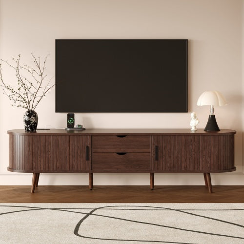 70.8 Inch Mid-Century TV Stand with Tambour Doors, Rattan Drawers & Power Outlet for 80 Inch TV