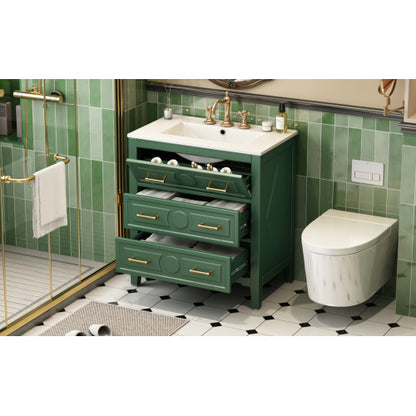 30'' Bathroom Vanity with Ceramic Sink Combo, Free Standing Single Vanity Set with 3 Drawers, Solid Wood Frame Bathroom Storage Cabinet, Green