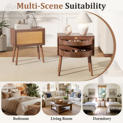 Rattan Nightstand with Hidden Storage Compartment, Mid Century Modern Bedside Table with Wood Legs, Walnut End Table