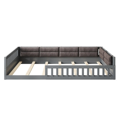 Wood Full Size Upholstered Platform Bed with Guardrail and Pillow, Gray