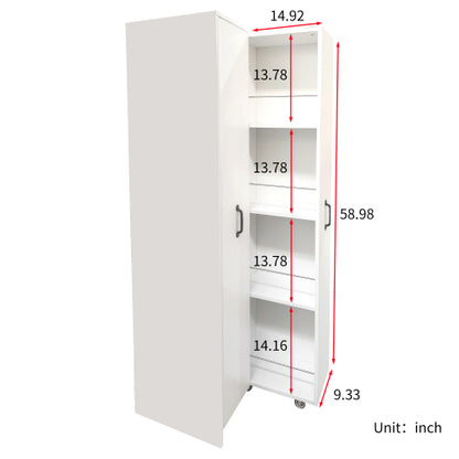 4-Tier Freestanding Pull-Out Door Bookcase Mobile Storage Cabinet with Wheels for Home Office Bedroom