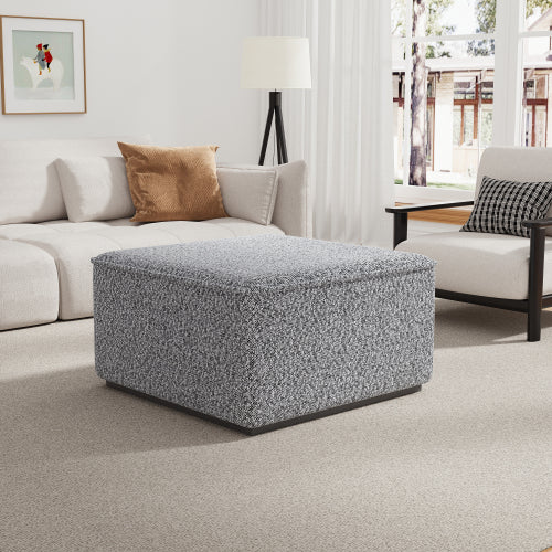 30 inch Square Black White Loop Yarn Ottoman, Upholstered Footrest with Solid Rubber Wood Feet for Multi-Room Use