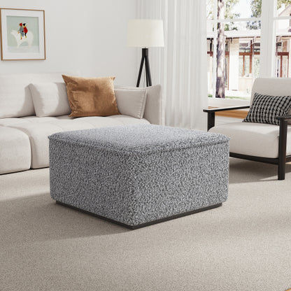 30 inch Square Black White Loop Yarn Ottoman, Upholstered Footrest with Solid Rubber Wood Feet for Multi-Room Use