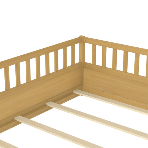Full Size Floor bed, integral construction with super high security barrier, door, children's floor bed frame, Montessori wooden children's floor bed, Support  slat Natural Wood