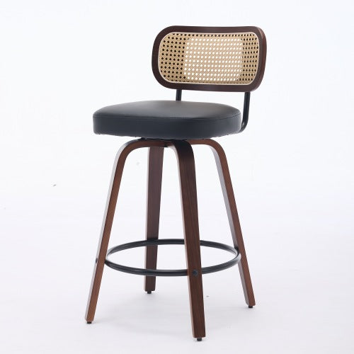 Set of 2 Counter Height Bar Stools - 26 inch Rattan Counter Height Stools with Cane Back, Upholstered Seat, Walnut Craftsmanship, Swivel Counter Stools for Island/Kitchen/Counter/Bar (Walnut Black)