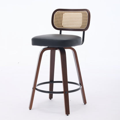 Set of 2 Counter Height Bar Stools - 26 inch Rattan Counter Height Stools with Cane Back, Upholstered Seat, Walnut Craftsmanship, Swivel Counter Stools for Island/Kitchen/Counter/Bar (Walnut Black)
