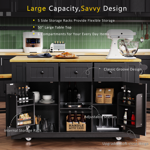 53inch Large Kitchen Island with 2 Bar Stools, Power Outlet,Door Internal Storage Rack, Kitchen Storage Cart on 5 Wheels with Drop Leaf, 5 Open Side Racks, 3 Drawers,Black (Three Packages)