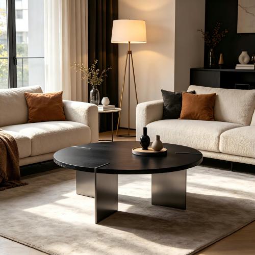 Round Coffee Table, Black Oak Top & Metal Feet