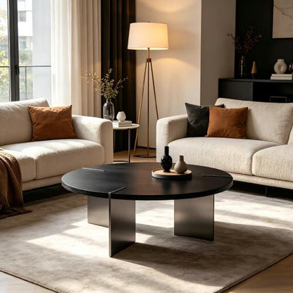 Round Coffee Table, Black Oak Top & Metal Feet