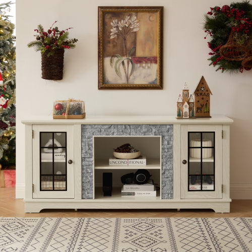 Modern 65 Inch TV Stand with Faux Stone Cabinet White Media Console