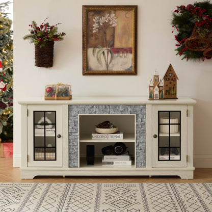 Modern 65 Inch TV Stand with Faux Stone Cabinet White Media Console