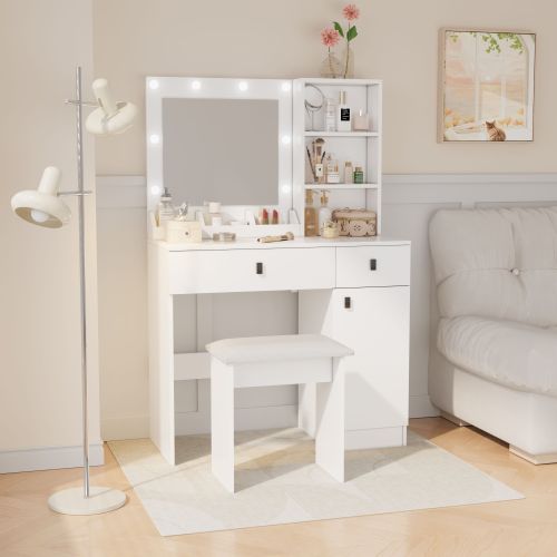 White Vanity Desk with Lights & Mirror, Large Drawers & Three Level Storage, 3 Lights Brightness Adjustable