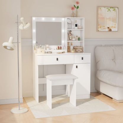 White Vanity Desk with Lights & Mirror, Large Drawers & Three Level Storage, 3 Lights Brightness Adjustable