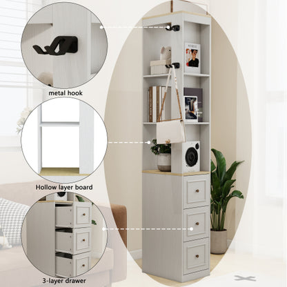 73 Inch Tall Slim Antique White Storage Cabinet 3 Drawers & Side Hooks Home Display Bookcase