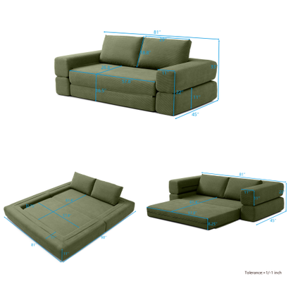 Green 81 inch  3-in-1 Corduroy Convertible Floor Sofa Bed, Boneless Futon