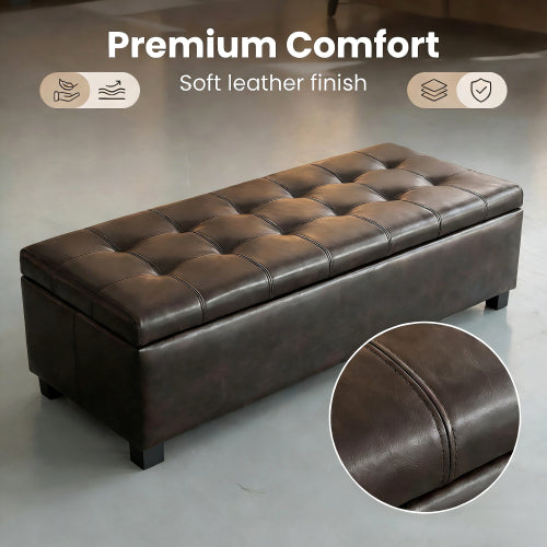 49.75 inch Brown Synthetic Leather Tufted Storage Ottoman Bench, 300 LBS Wooden Leg Entryway Footrest with Safety Hinge
