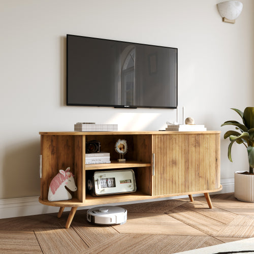 Natural Oak 50 Inch Fluted TV Stand with Power Outlets, Sliding Door Media Console for TVs Up to 55 Inch TV