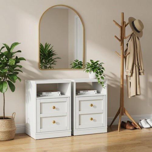 2-Pack White Modern Nightstand, Faux Drawer Design with Cabinet & Open Shelf