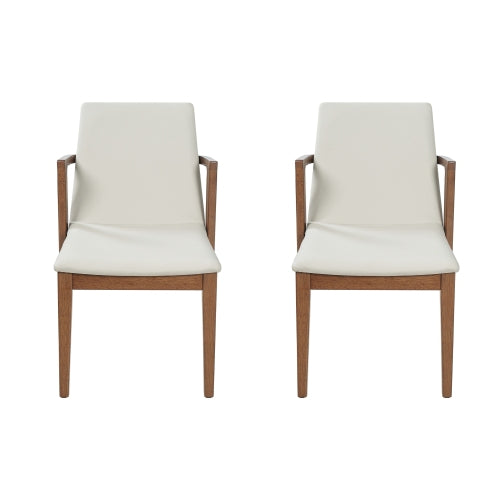 Set of 2 Mid-Century Modern Dining Armchairs, Beige PU Upholstery with Walnut Rubber Wood Frame