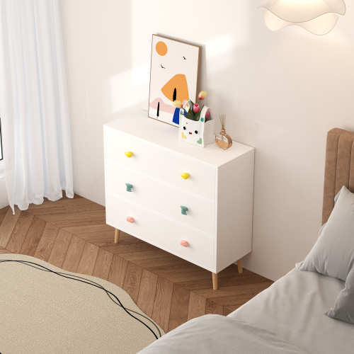Kids 3 Drawer Dresser, Baby Nightstand Storage Cabinet, White Nursery Chest with Cartoon Pulls for Toddler Bedroom