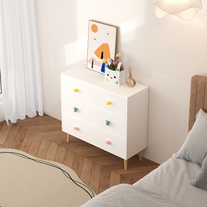 Kids 3 Drawer Dresser, Baby Nightstand Storage Cabinet, White Nursery Chest with Cartoon Pulls for Toddler Bedroom