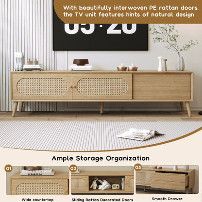 70.8 Inch Natural Wood Boho Rattan Sliding Door TV Stand Solid Wood Legs Holds 80 Inch TV