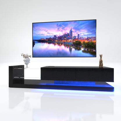 70 Inch Black Modern LED TV Stand Built-In Power Strip Tempered Glass Media Console for 75 Inch TV