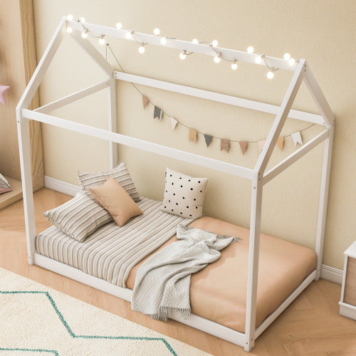 Twin Size Wooden House Bed, White