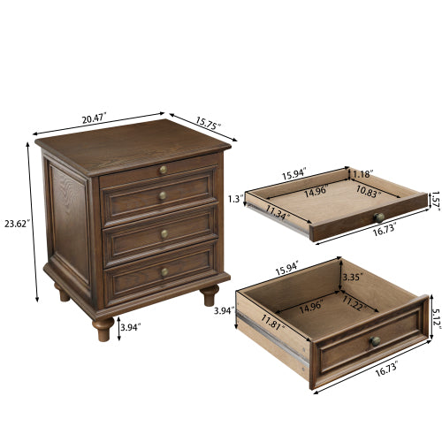 Walnut Brown Farmhouse Nightstand, 4 Drawers with Pull-Out Tray & Solid Wood Legs