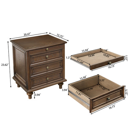 Walnut Brown Farmhouse Nightstand, 4 Drawers with Pull-Out Tray & Solid Wood Legs