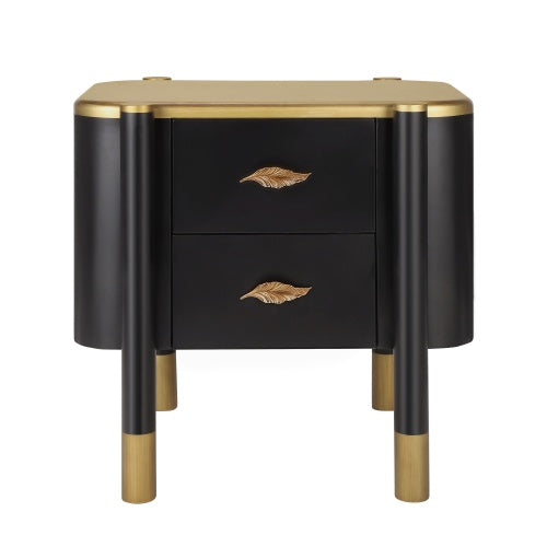 Black Curved Nightstand, 2-Drawer Bedside Table with Feather-Shaped Metal Handles & Tall Legs
