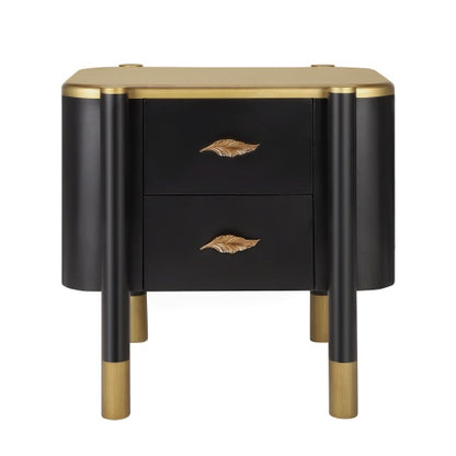 Black Curved Nightstand, 2-Drawer Bedside Table with Feather-Shaped Metal Handles & Tall Legs