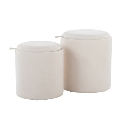 Cream Fabric Nesting Ottoman Set with Natural Wood, 2-Piece Stackable Stools, 250 LBS Limit, Fully Assembled