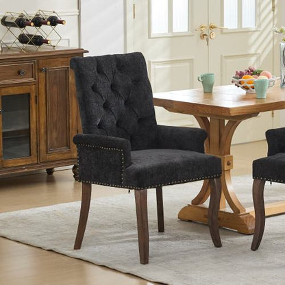 Upholstered Chenille Arm Dining Chair, Tufted Accent Chair with Curved Solid Wood Legs, Black, Single Pack