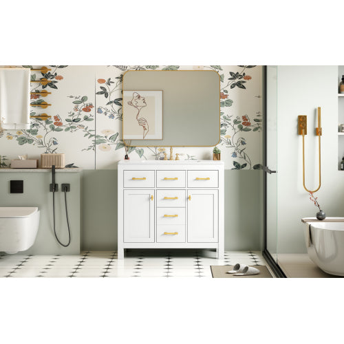36'' Bathroom Vanity with Ceramic Sink Combo Set,Modern Freestanding Single Bathroom Cabinet with 4 Drawers & 2 Cabinets,Storage Cabinet for Bathroom, Solid Wood Frame Vanity Set, White