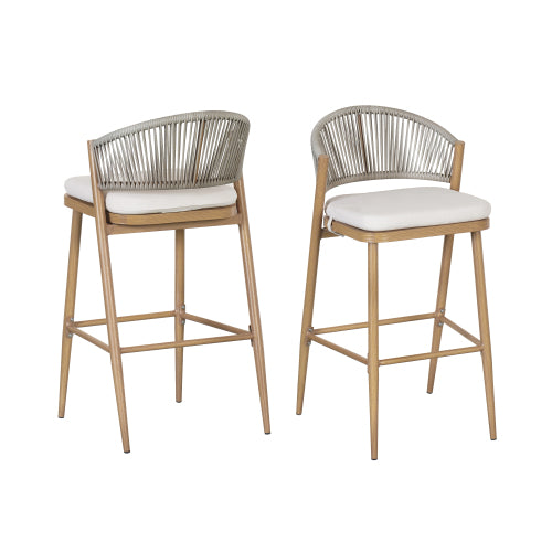 Outdoor 30.25" Seat Height Aluminum Frame Barstools with PE Rattan Scallop-shaped Backrest, Set of 2, Maple Finish