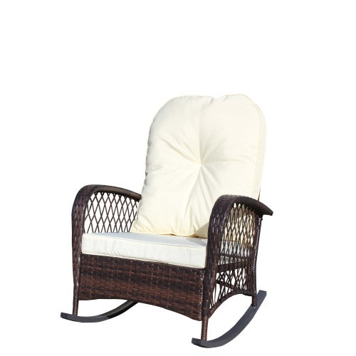 Outdoor Wicker Rocking Chair with Wide Seat, Thick, Soft Cushion, Rattan Rocker w/Steel Frame, High Weight Capacity for Patio, Garden, Backyard, Beige Cushion