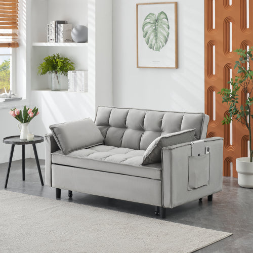 Modern Velvet 3-in-1 Convertible Sleeper Loveseat Futon Sofa-Bed w/Pockets & Pillows for Living Room