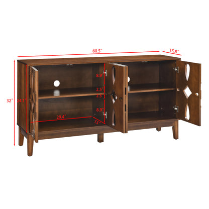 60.5 Inch Walnut Mid-Century Modern Sideboard Four-Door Adjustable Shelf TV Cabinet With Reserved Wire Holes