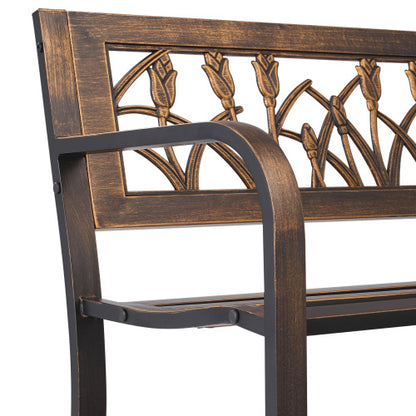 Outdoor Bench, 50 inch, Carbon Steel Metal Frame with PVC Floral Pattern Backrest and Round Edge Armrests, Weatherproof Outside Bench for Patio, Garden, Park, Yard, Front Porch, Antique Bronze