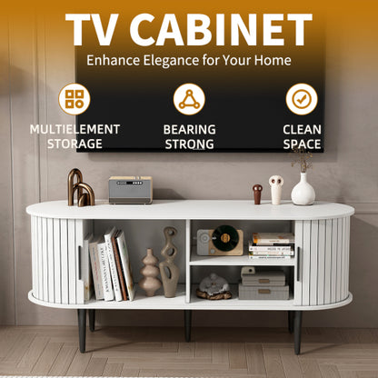 47 Inch White Mid-Century Media Console Fluted Sliding Door MDF TV Stand with Metal Support Legs