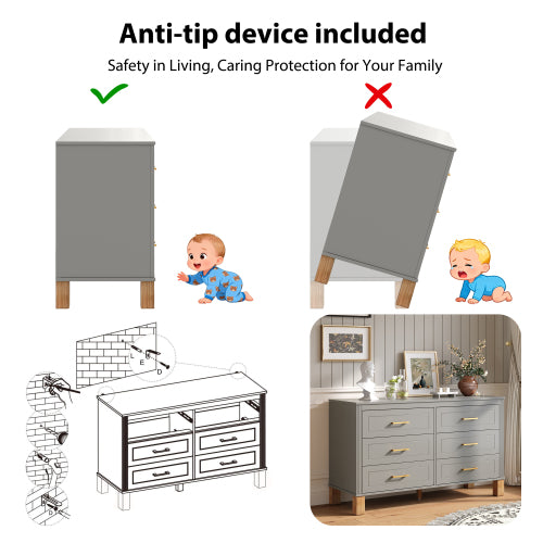 Gray 6 Drawer Double Dresser Modern Storage Cabinet with Metal Handles Solid Wood Legs