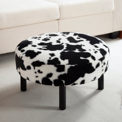 27.56 inch Round Faux Rabbit Fur Ottoman, Solid Wood Leg Upholstered Footrest Extra Guest Seat