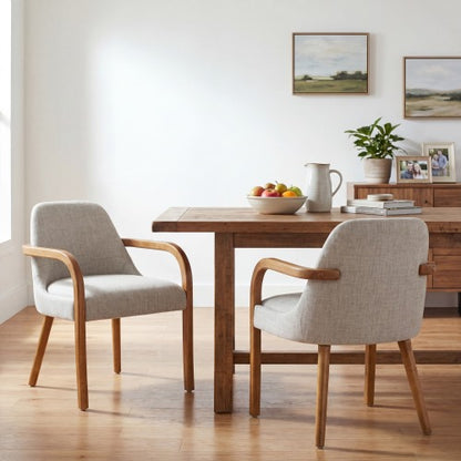 Set of 2 Mid-Century Beige Fabric Dining Arm Chairs, Rubber Wood Legs, 250 lbs Capacity