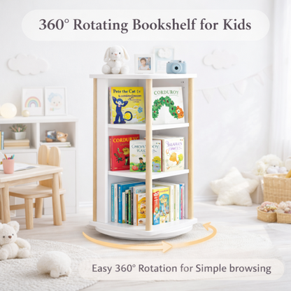 White & Natural 3-Tier 360¡ã Rotating Kids Bookshelf with Chalkboard, Toddler Toy Storage Rack 15.75¡Á15.75¡Á34.84 Inch