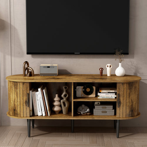 47 Inch Brown Mid-Century Fluted Sliding Door TV Console MDF Entertainment Center with Metal Legs