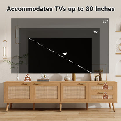 70.87 inch Natural Wood PE Rattan TV Stand 2 Drawer Media Console Fits Up To 80 Inch TV