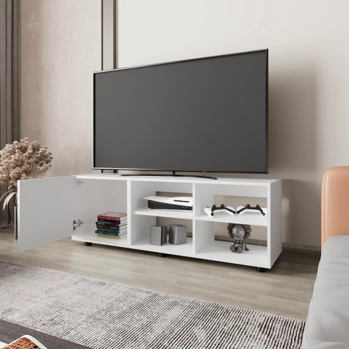 White 51 inch TV Stand with Door and Open Storage Shelves